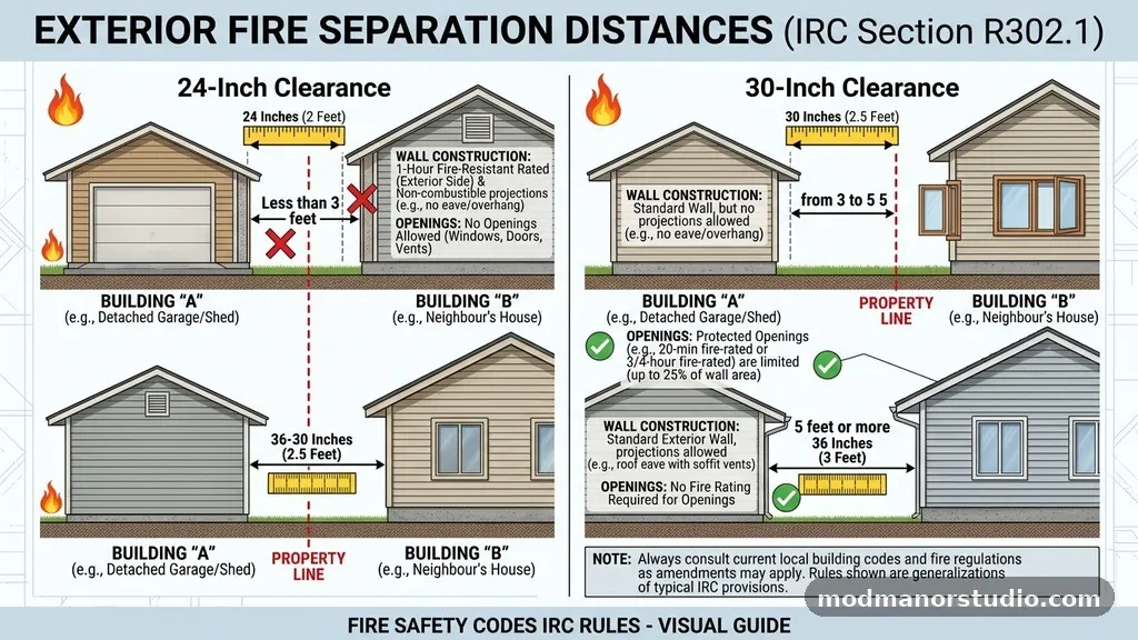 Exterior Fire Separation Distances - 24-Inch vs 30-Inch vs 36-Inch Clearance: Fire Safety Codes (IRC Rules)
