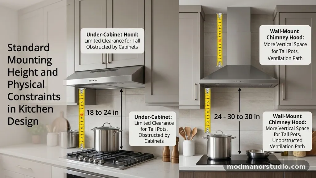 Physical Constraints and Kitchen Design - Standard Mounting Height for Under-Cabinet vs Wall-Mount Chimney Hoods