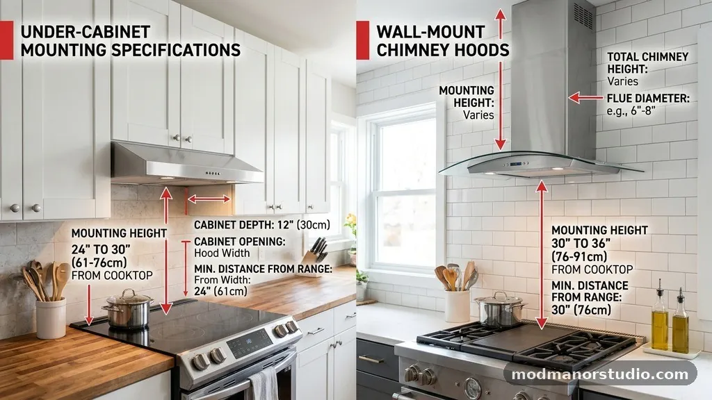 Under-Cabinet Mounting Specifications - Standard Mounting Height for Under-Cabinet vs Wall-Mount Chimney Hoods