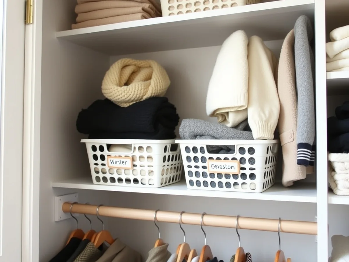 Seasonal Rotation System Using Dollar Store Storage Baskets - Dollar Store Closet Organization Ideas